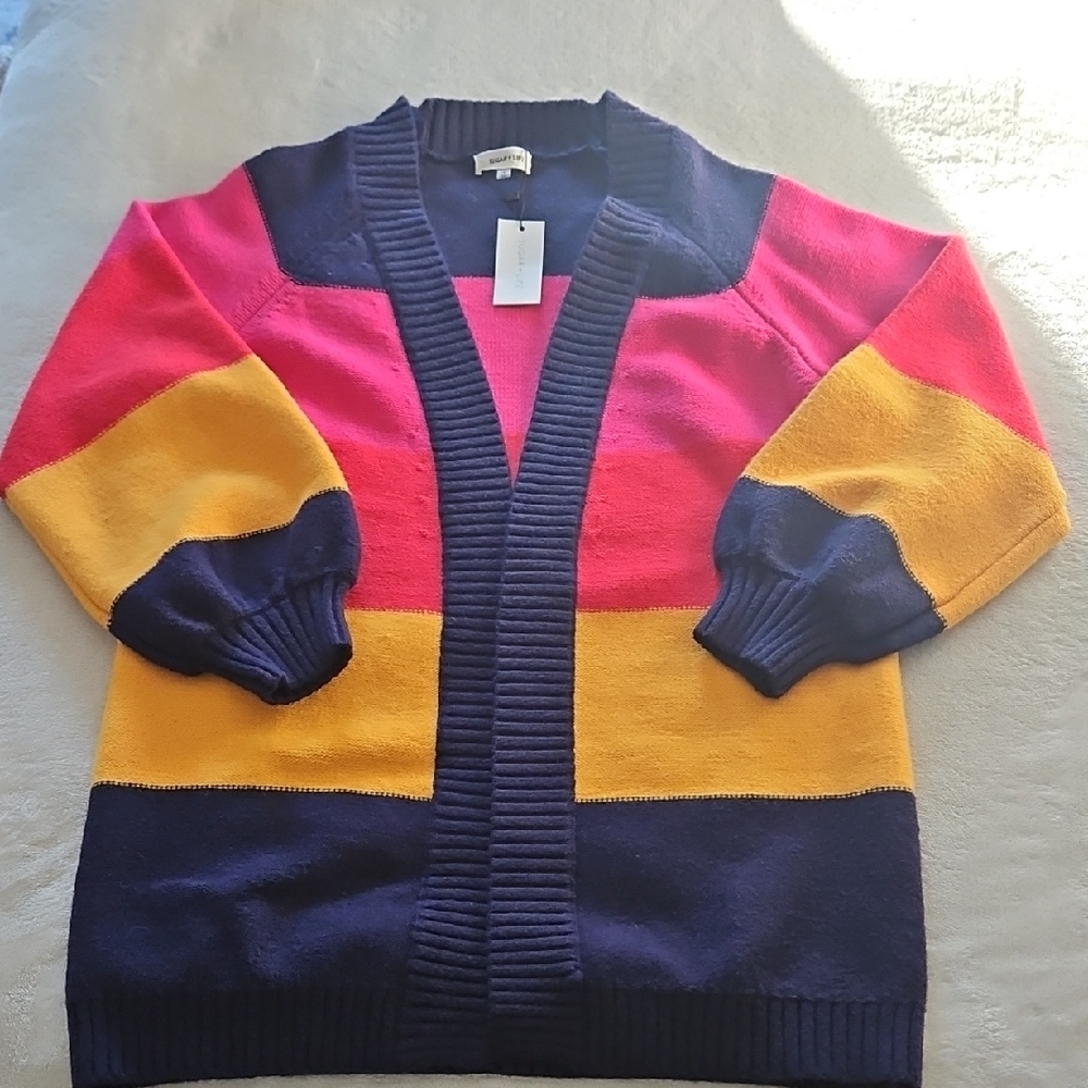Sugar & Lips Long Sleeve Open Front Cardigan:Stripe Navy/Yellow/Red/Pink:Size- S